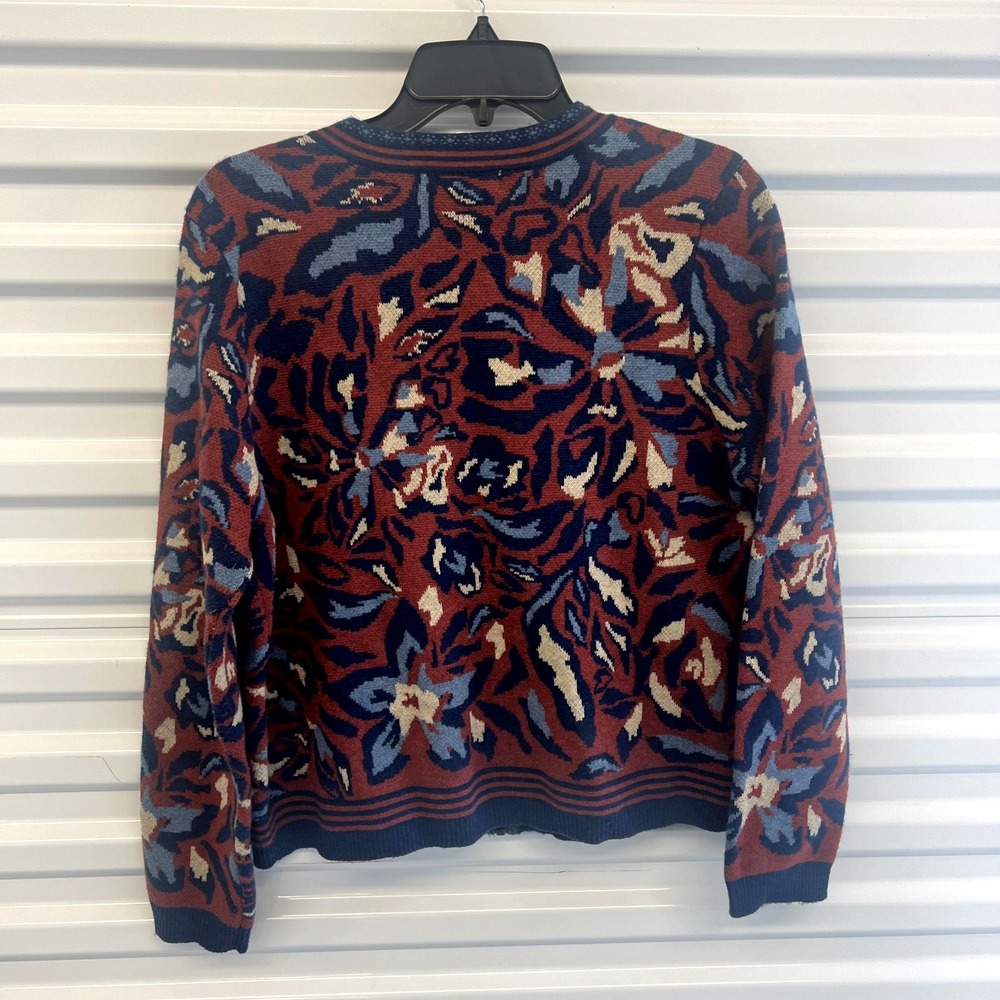 Woolovers Cardigan Sweater Womens Medium Blue Red Floral Full Zip‎ Wool Cotton - Picture 3 of 16